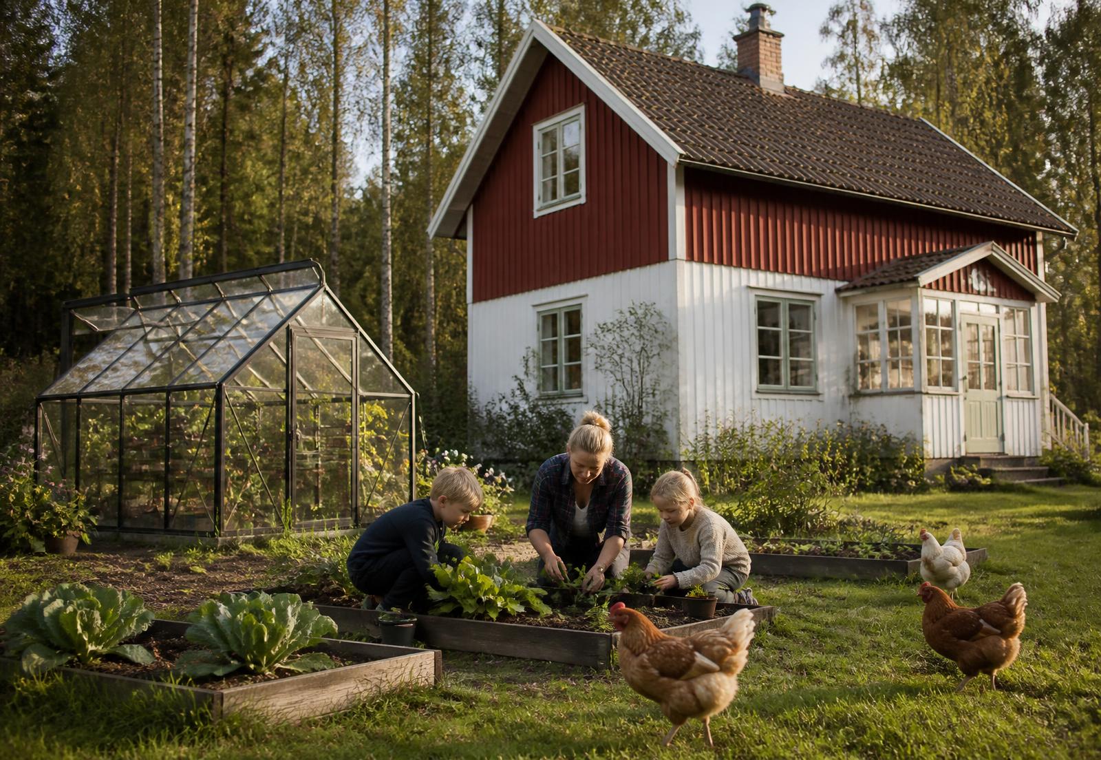 Family tending a kitchen garden beside a wooden farmhouse with a greenhouse and hens